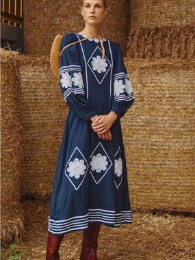 HUNTER BELL Navy Midi Dress with White Floral Embroidery